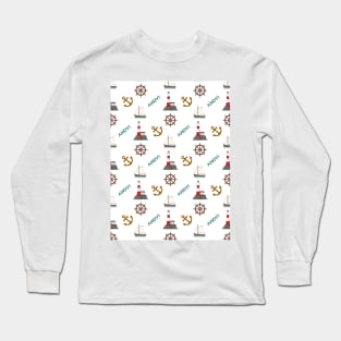 Sailing Illustrative Pattern Color on White Long Sleeve T-Shirt